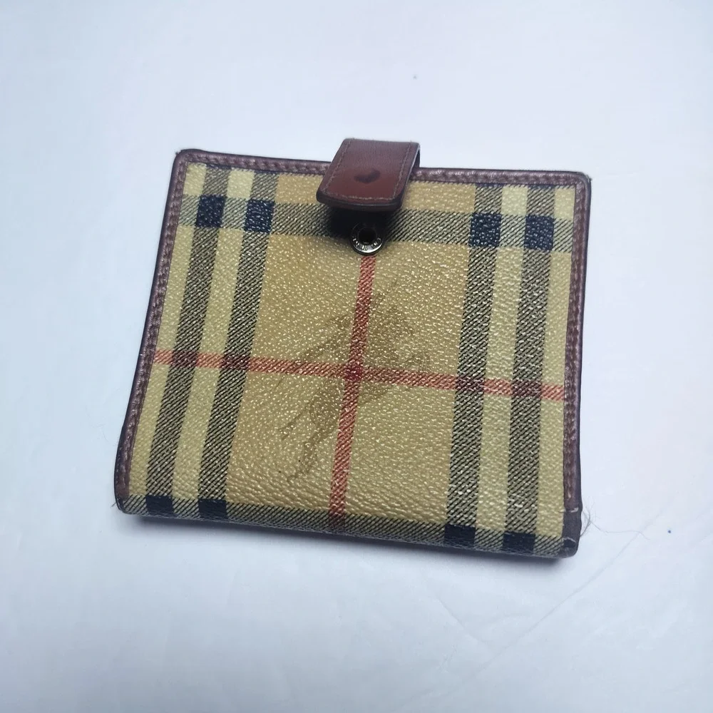 Burberry Haymarket‎ Check Bifold Wallet Brown Leather Trim Made in Italy